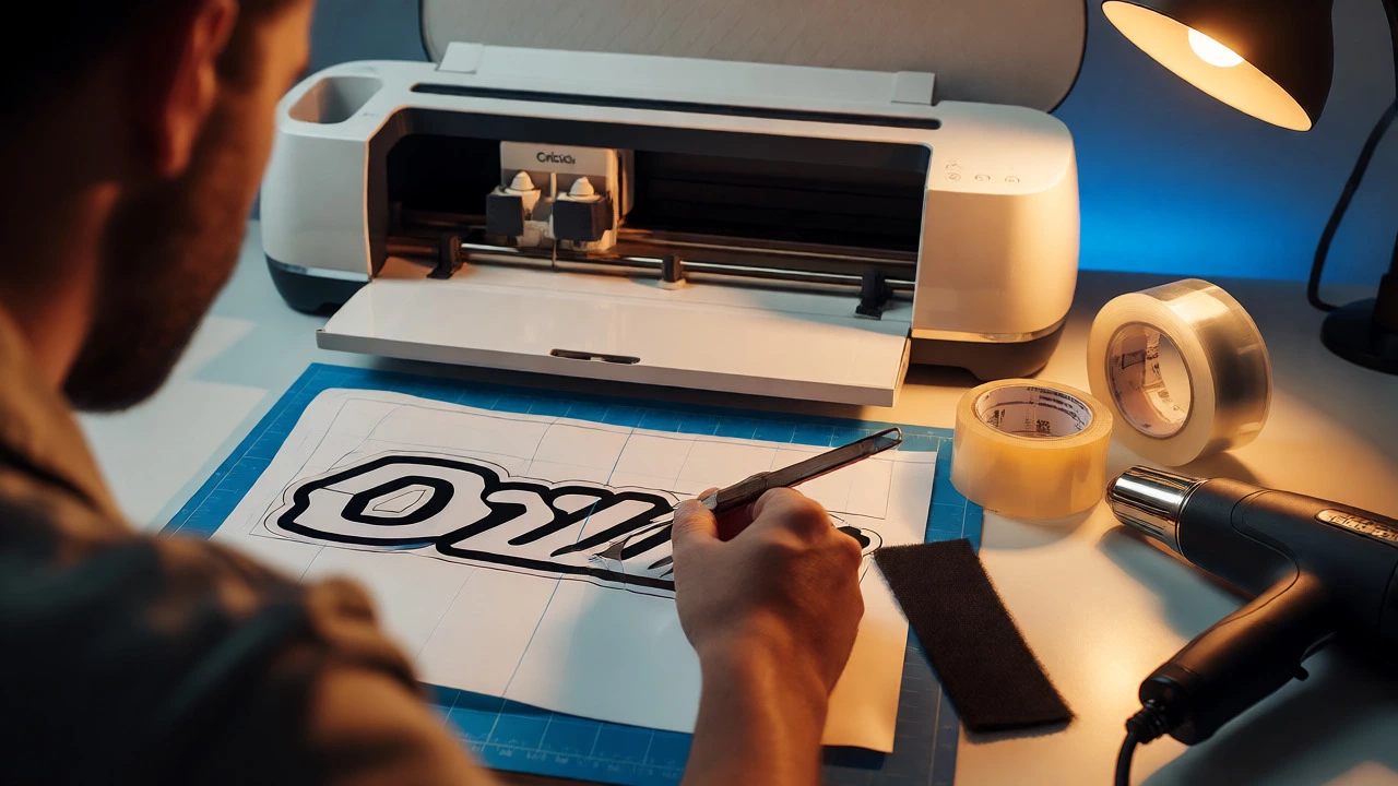 DIY workspace with a vinyl cutting machine, weeding tools, and transfer tape materials.