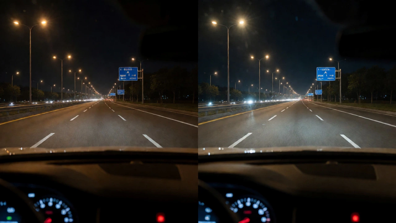 Driver view comparing warm vs cool headlight clarity on a clear night road