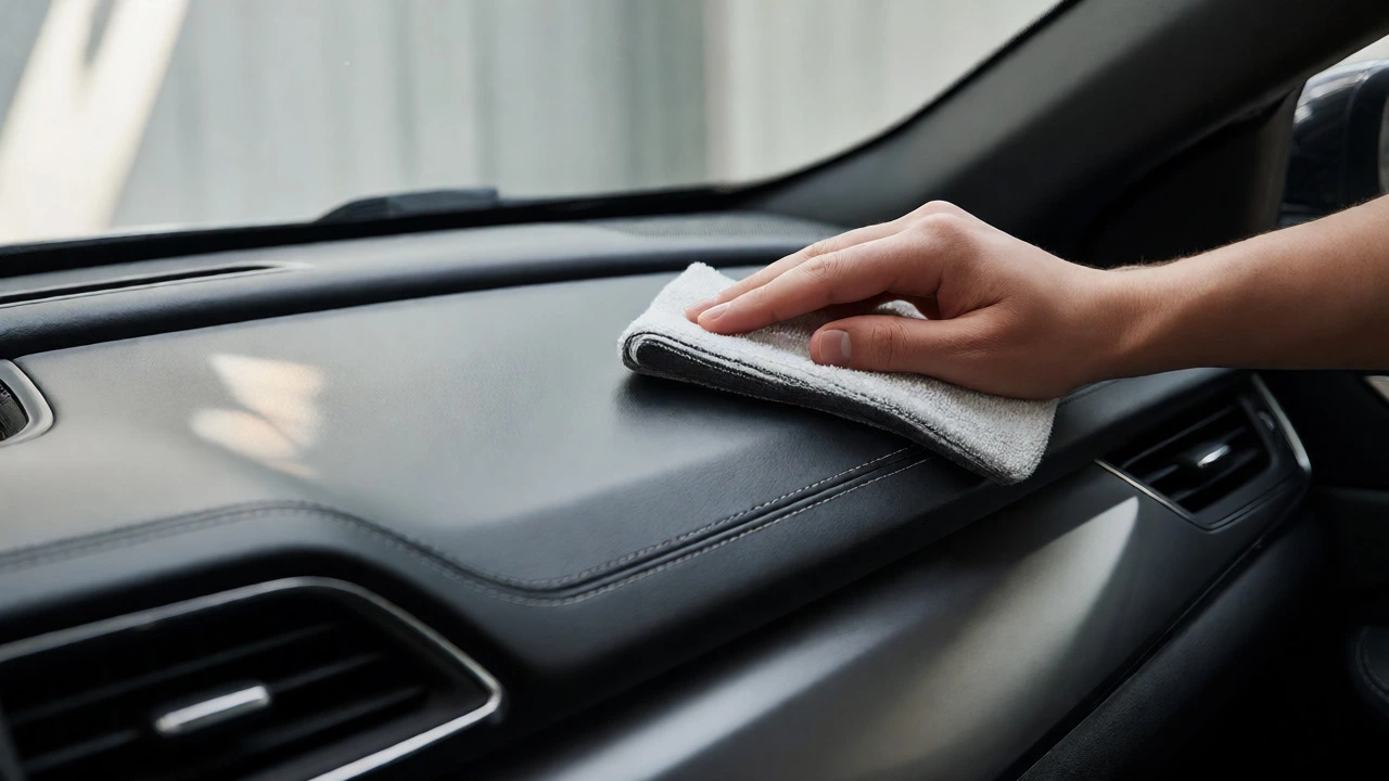 Hand applying matte finish protectant to car dashboard with microfiber cloth