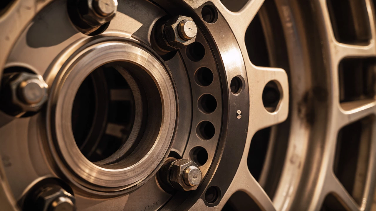 Macro view of a wheel adapter connecting hub to aftermarket wheel