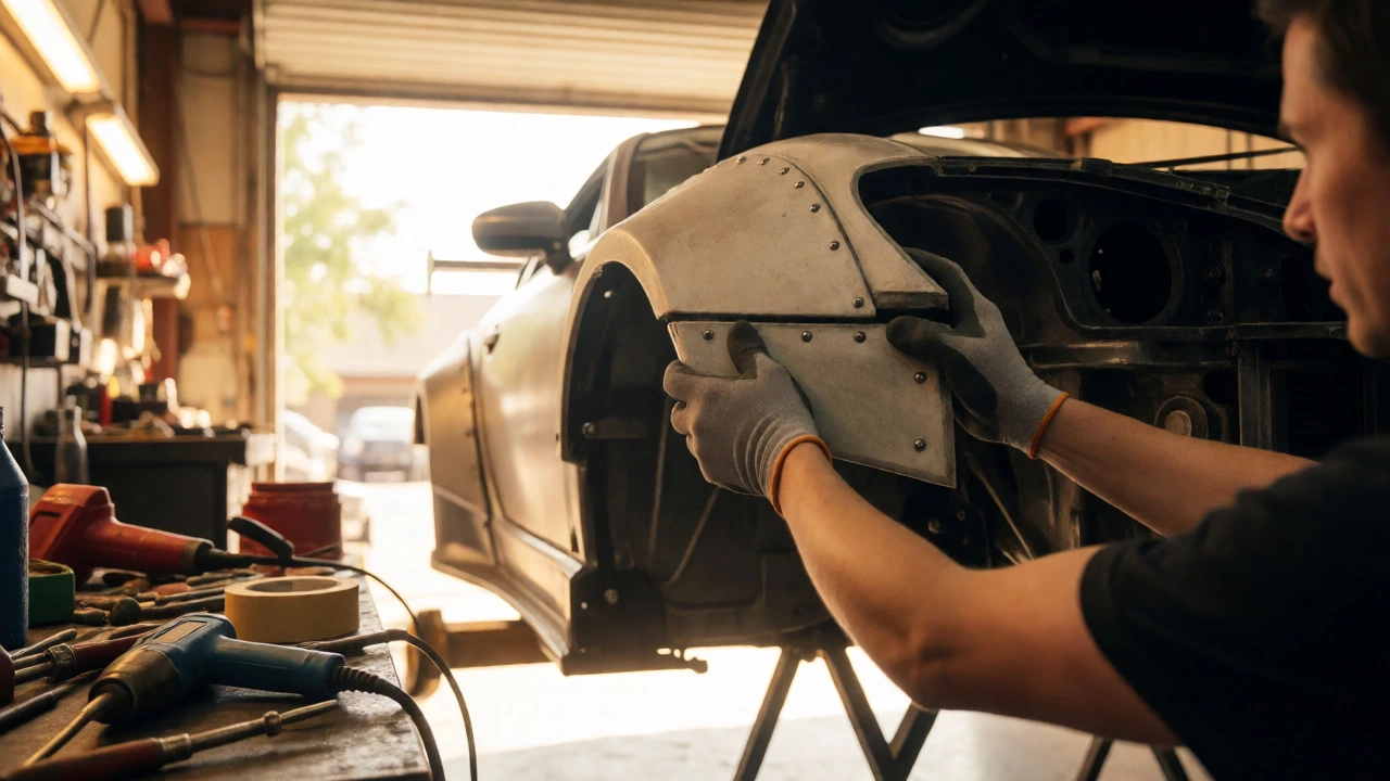 Mechanic installing fiberglass fender flares on a sports car