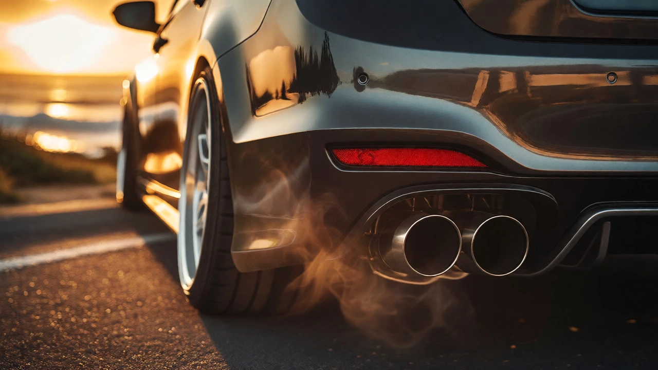 Modified car with dual stainless exhaust tips by the coast at sunset
