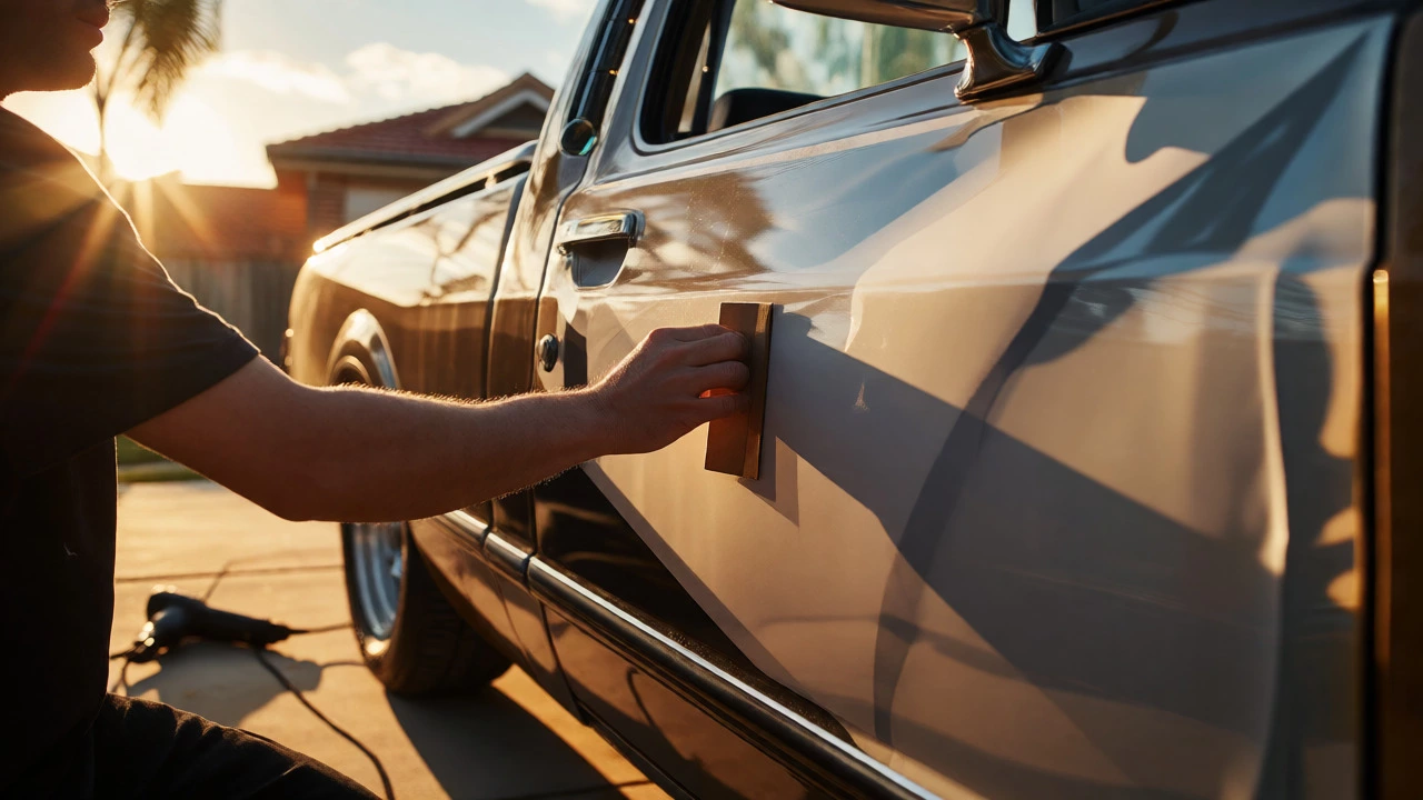 Person applying a vinyl decal to a car door using a squeegee and transfer tape.