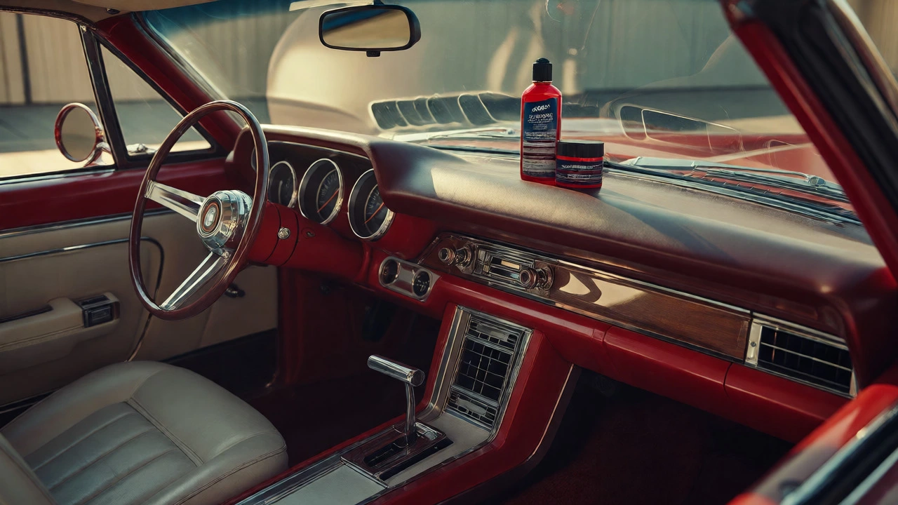 Pristine classic car interior with UV-protected matte dashboard in sunlight