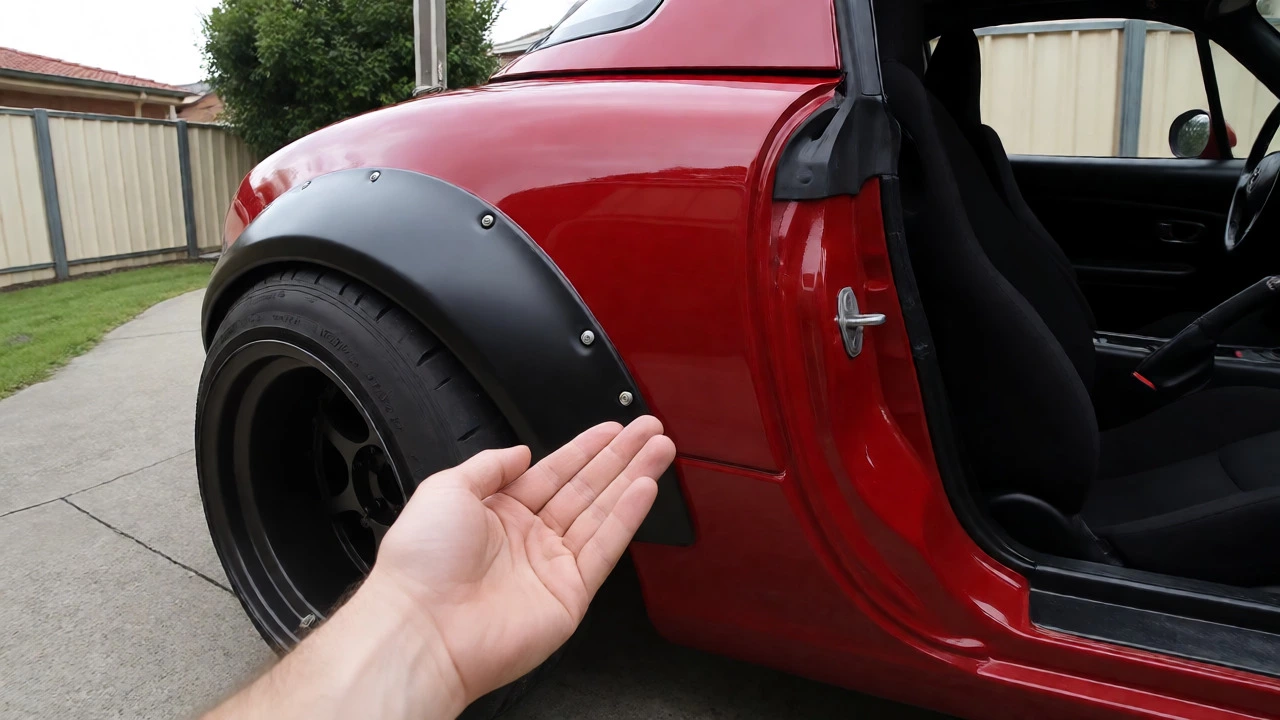 Side profile of a Mazda MX-5 with a bolt-on fender flare accommodating a wide tire, with a hand touching the edge.