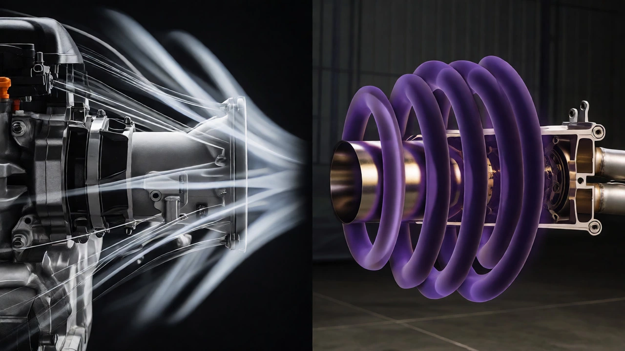 Split view comparing intake airflow streaks and exhaust pressure waves
