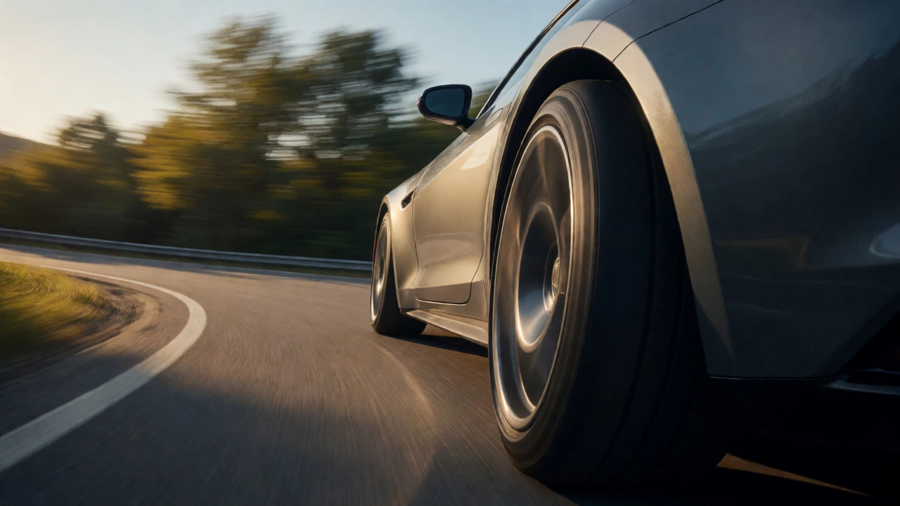 Sports car cornering with flush-mounted wheels, highlighting suspension geometry and wide stance on a road.