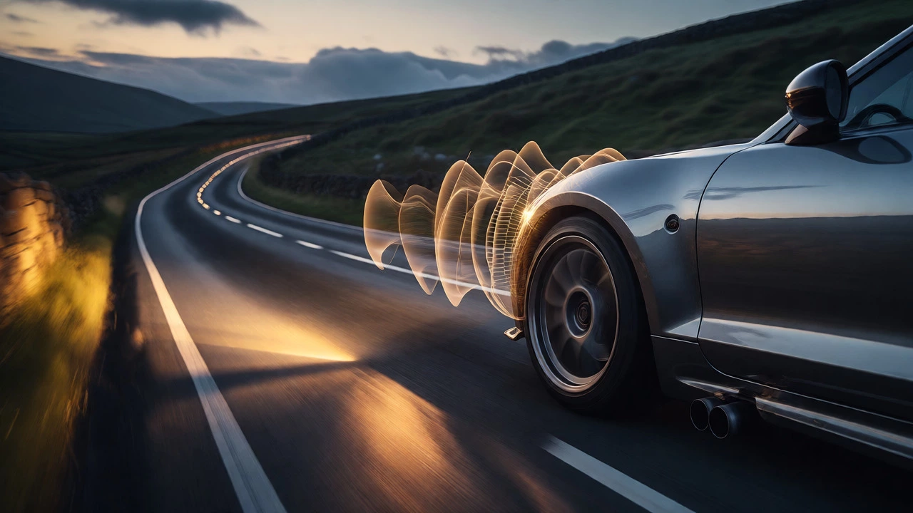 Sports car driving at dusk with visualized sound waves from the intake area