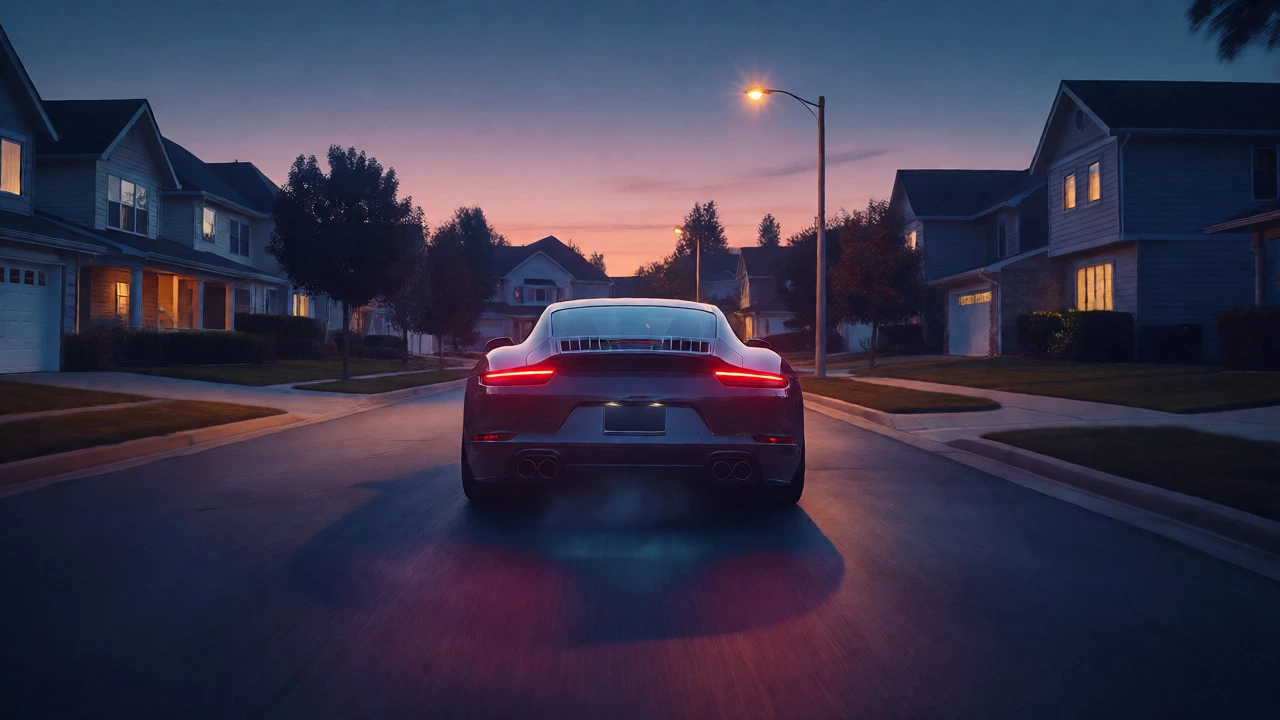 Sports car driving quietly down a residential street at dusk