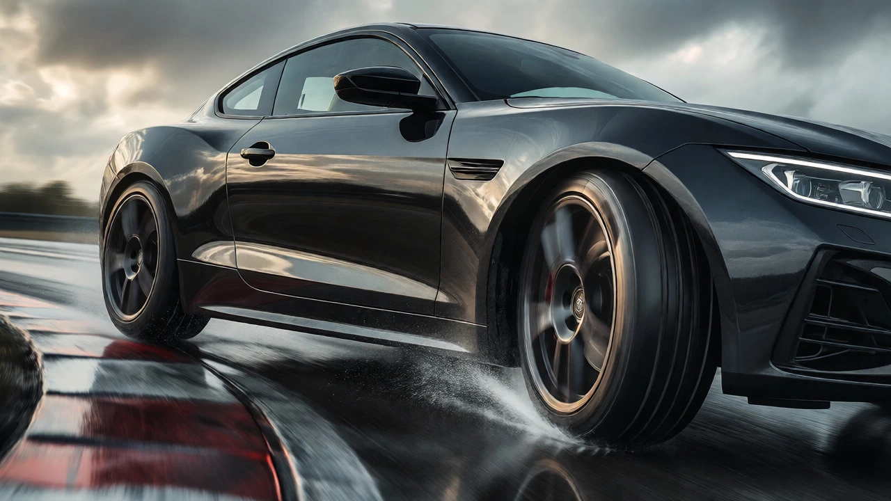 Sports car taking a corner with wheels flush against fenders for improved stability.