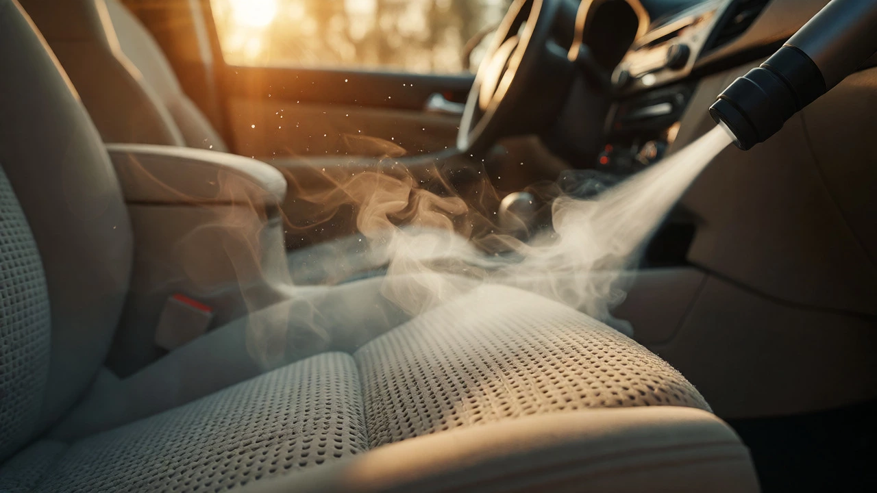 Steam cleaning a car seat removes dust and allergens for better interior air quality.