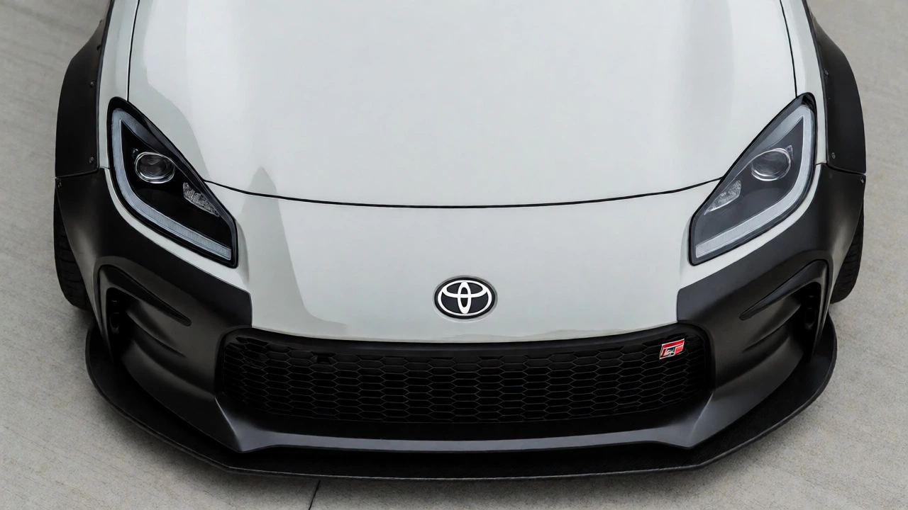 Top-down view of a Toyota GR86 front end showing the bumper extending wider than the hood due to a widebody kit.