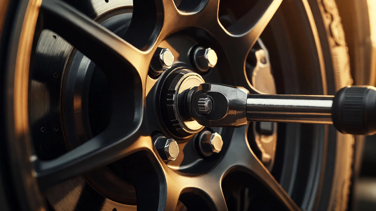 Torque wrench tightening a lug nut on a wheel to ensure proper clamping force.