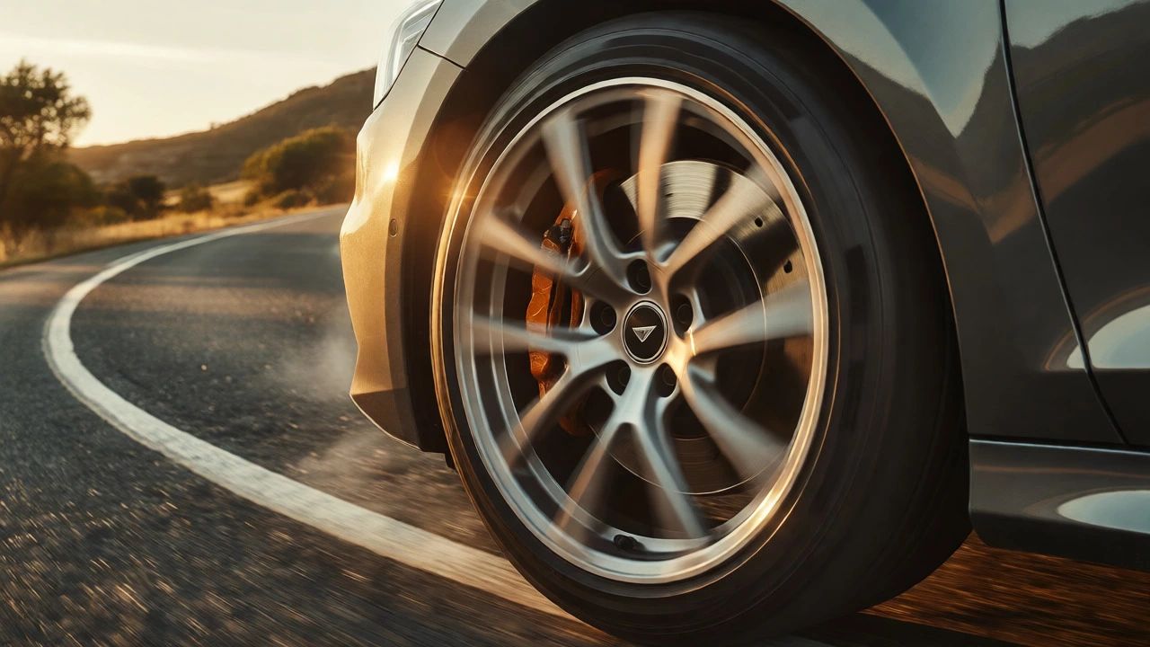 Car cornering with alloy wheels and visible brake heat haze on a scenic road at sunset