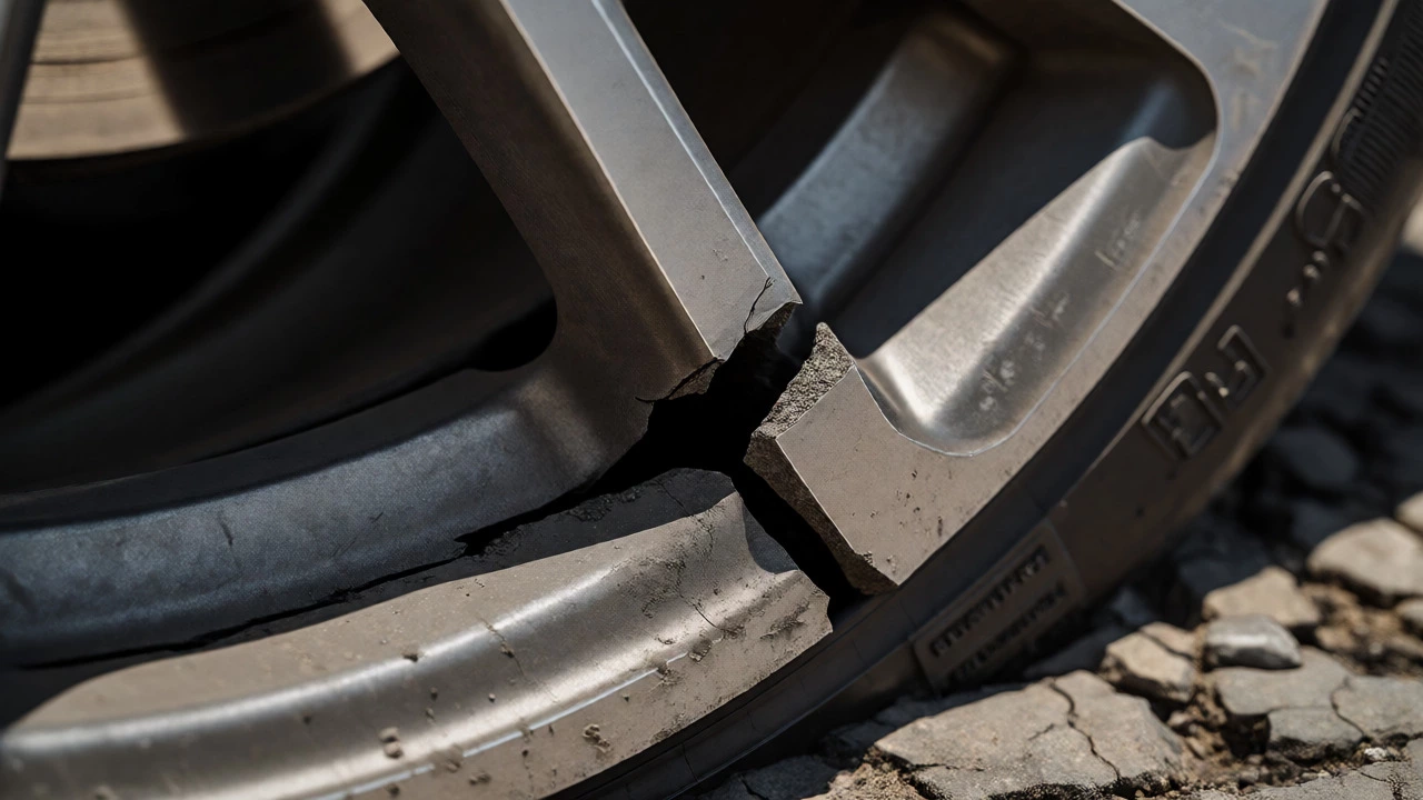Close-up of a cracked alloy wheel spoke on a rough road surface showing structural damage.