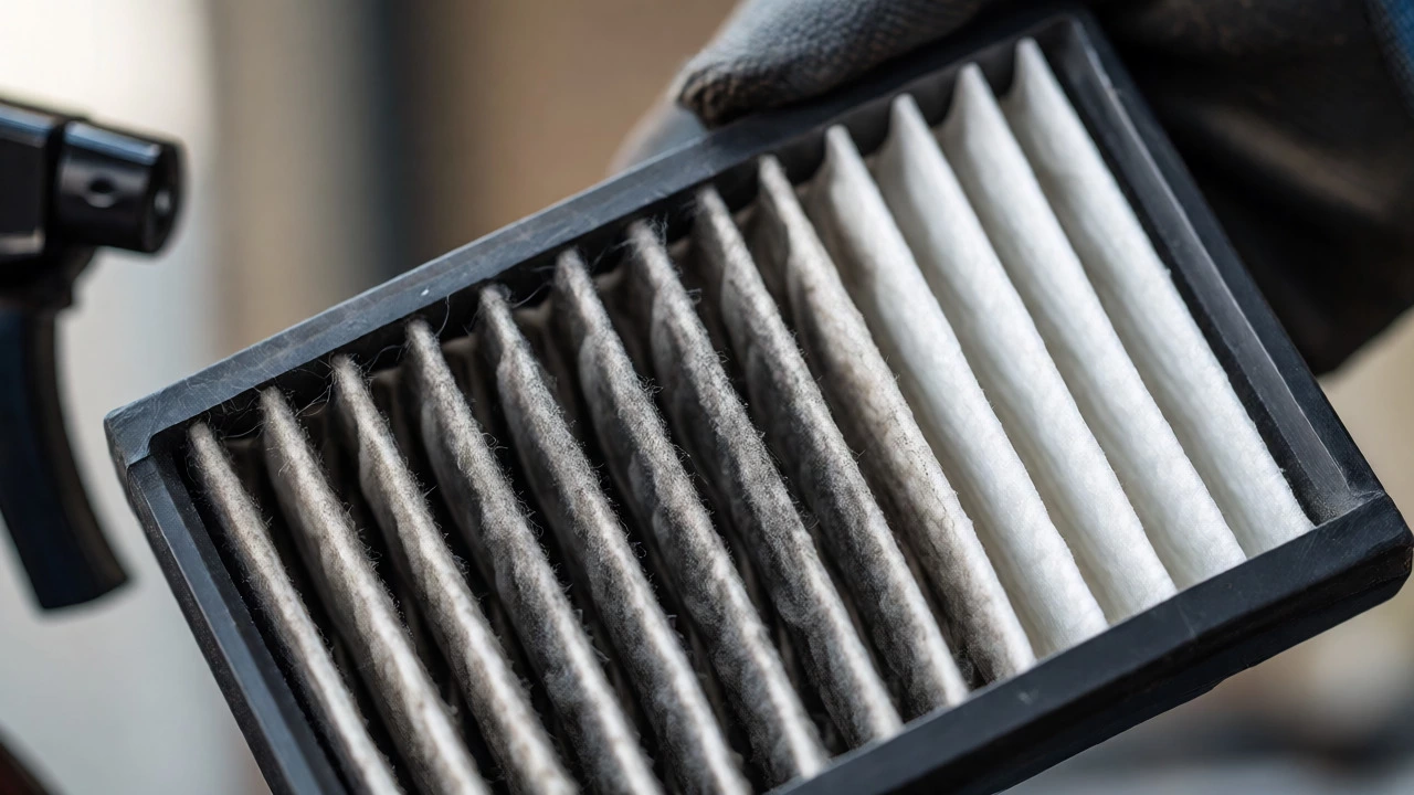 Close-up of a dirty, clogged reusable air filter pleat held by a mechanic