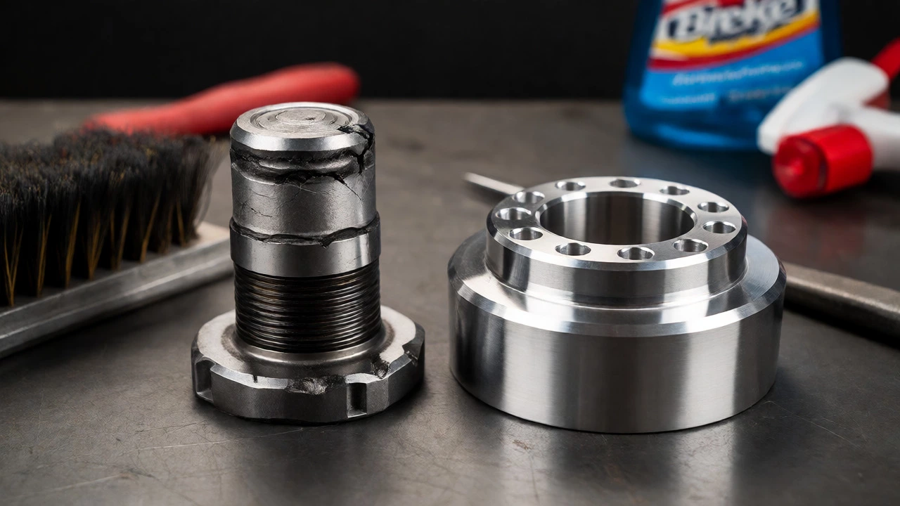 Comparison of a sheared wheel stud and a new high-quality hub-centric spacer.