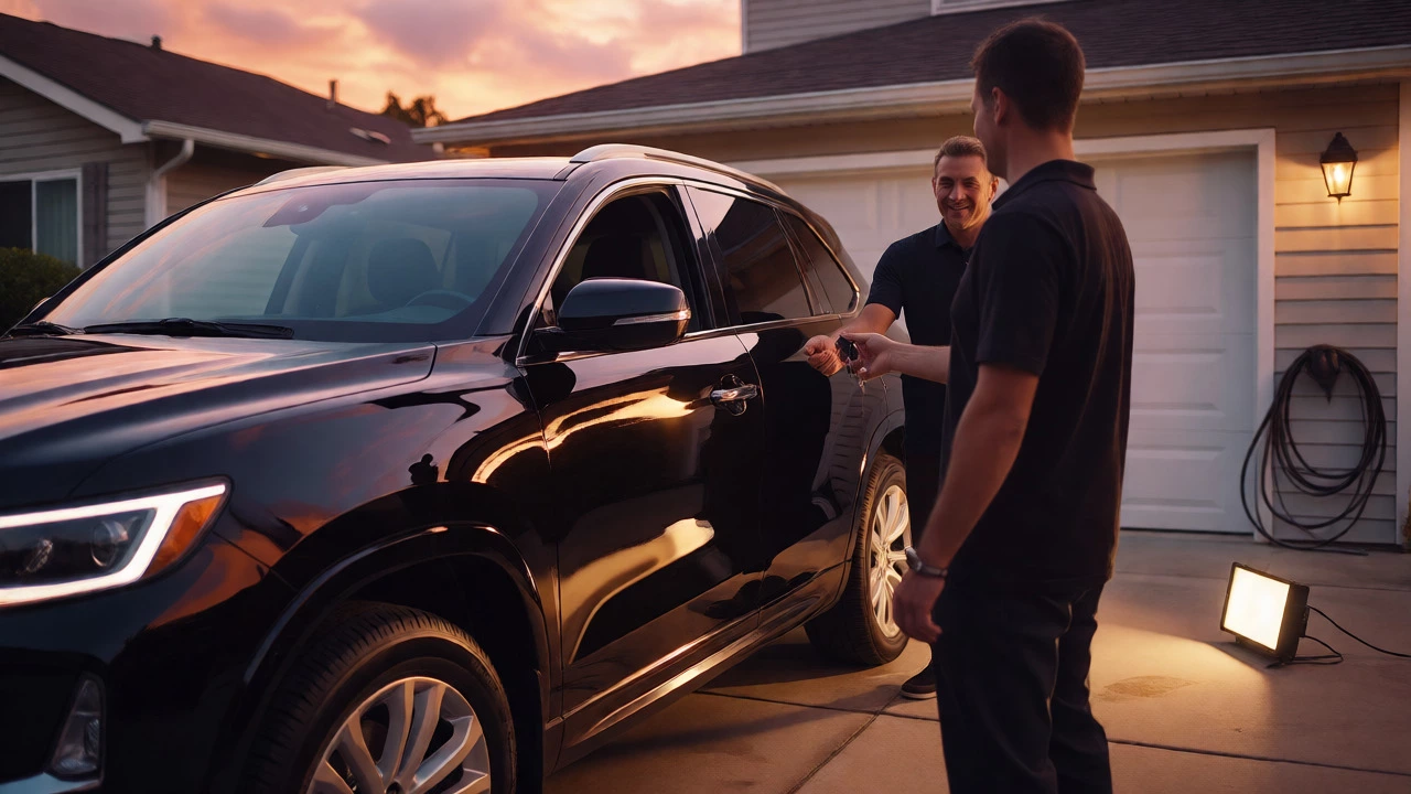Detailer handing keys to a happy customer next to a shiny black SUV at sunset.