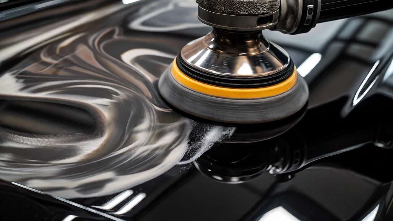 Dual-action polisher correcting paint swirls on a car hood for a glossy finish.