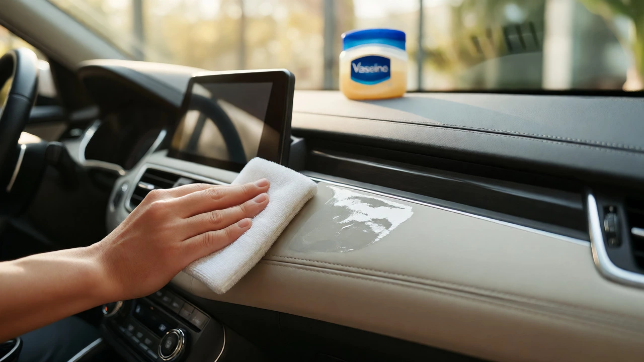 Hand applying water-based protectant to a modern car dashboard for a dry, satin finish.