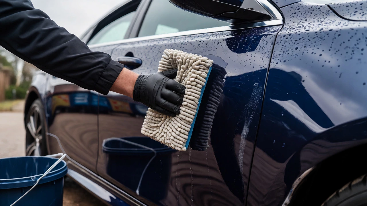 Hand washing a car door using the two-bucket method to prevent swirl marks.