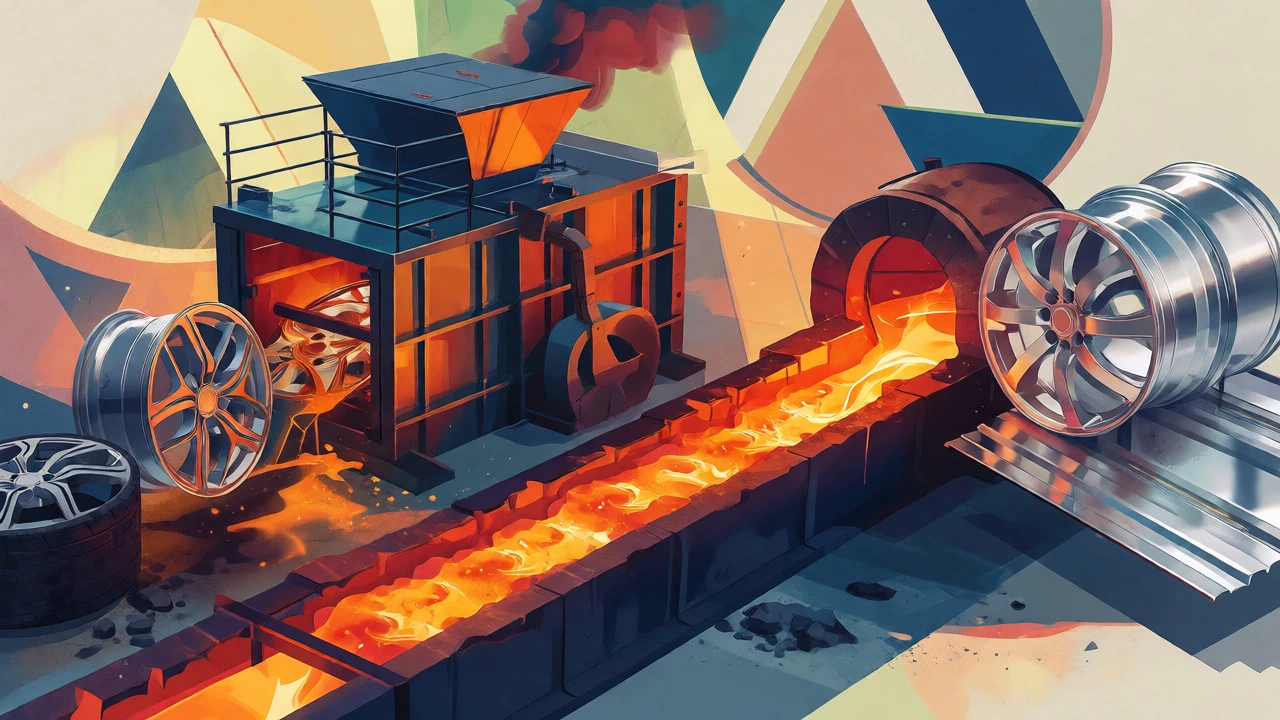 Illustration of alloy wheels being recycled into new aluminum