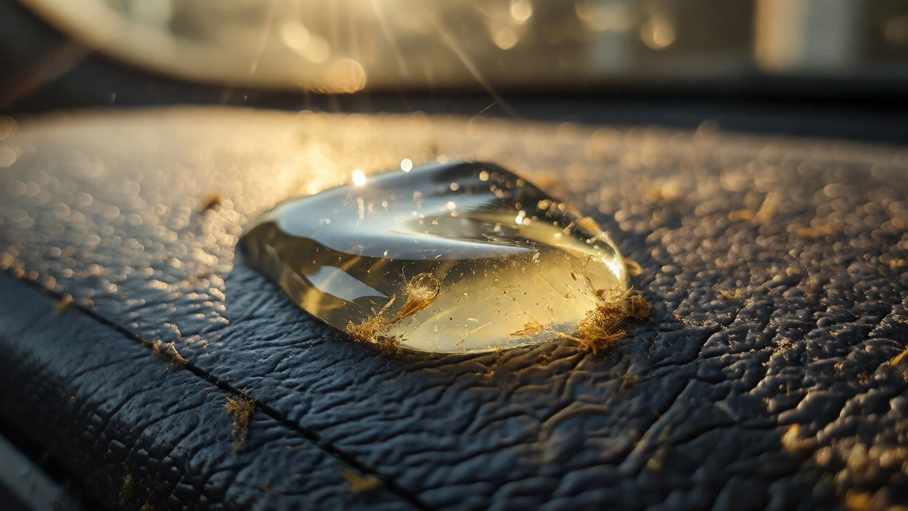 Macro view of petroleum jelly on textured plastic attracting dust and pollen particles.