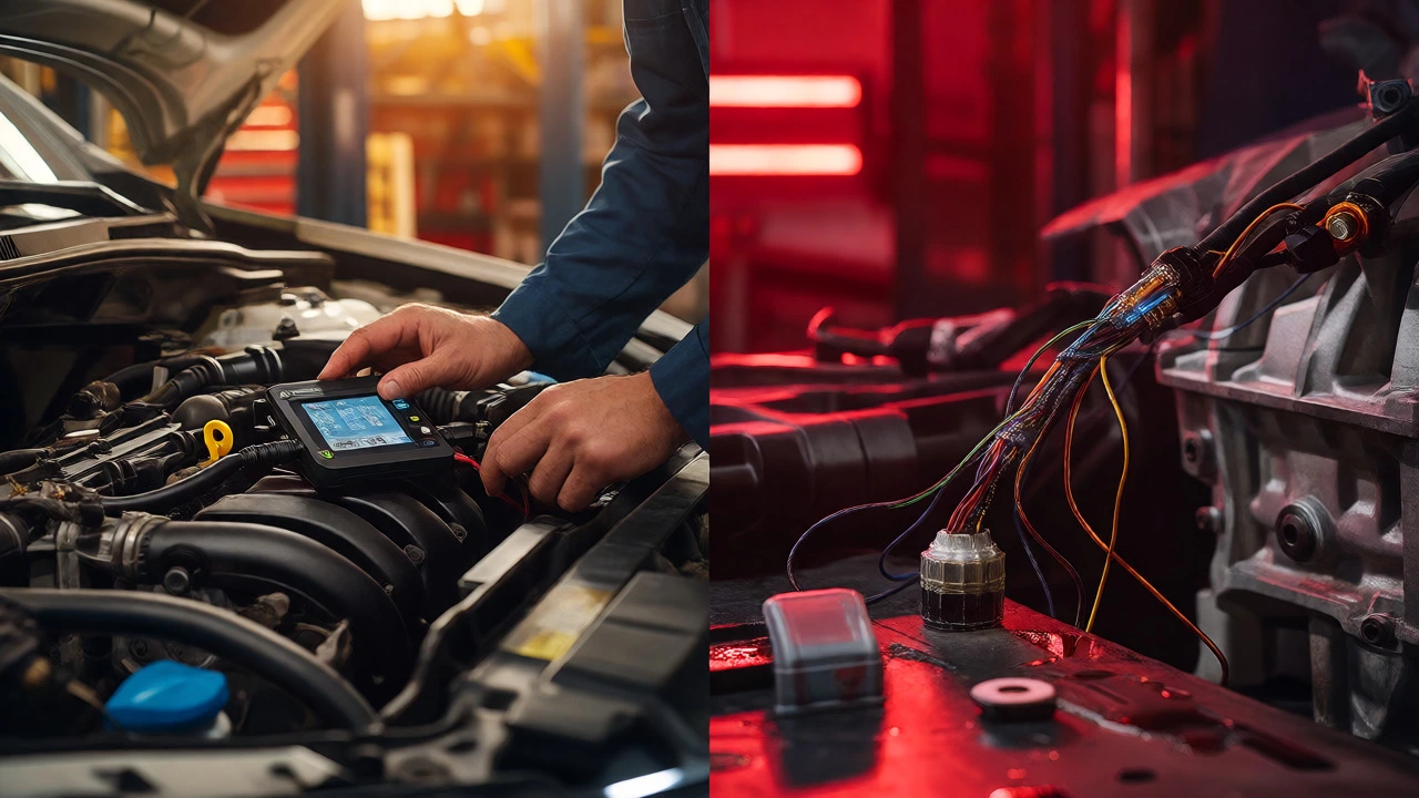 Mechanic checking engine next to damaged electronics
