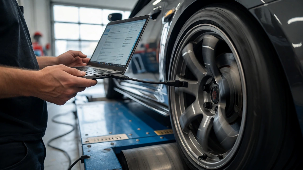 Mechanic tuning a car on a dynamometer with a laptop