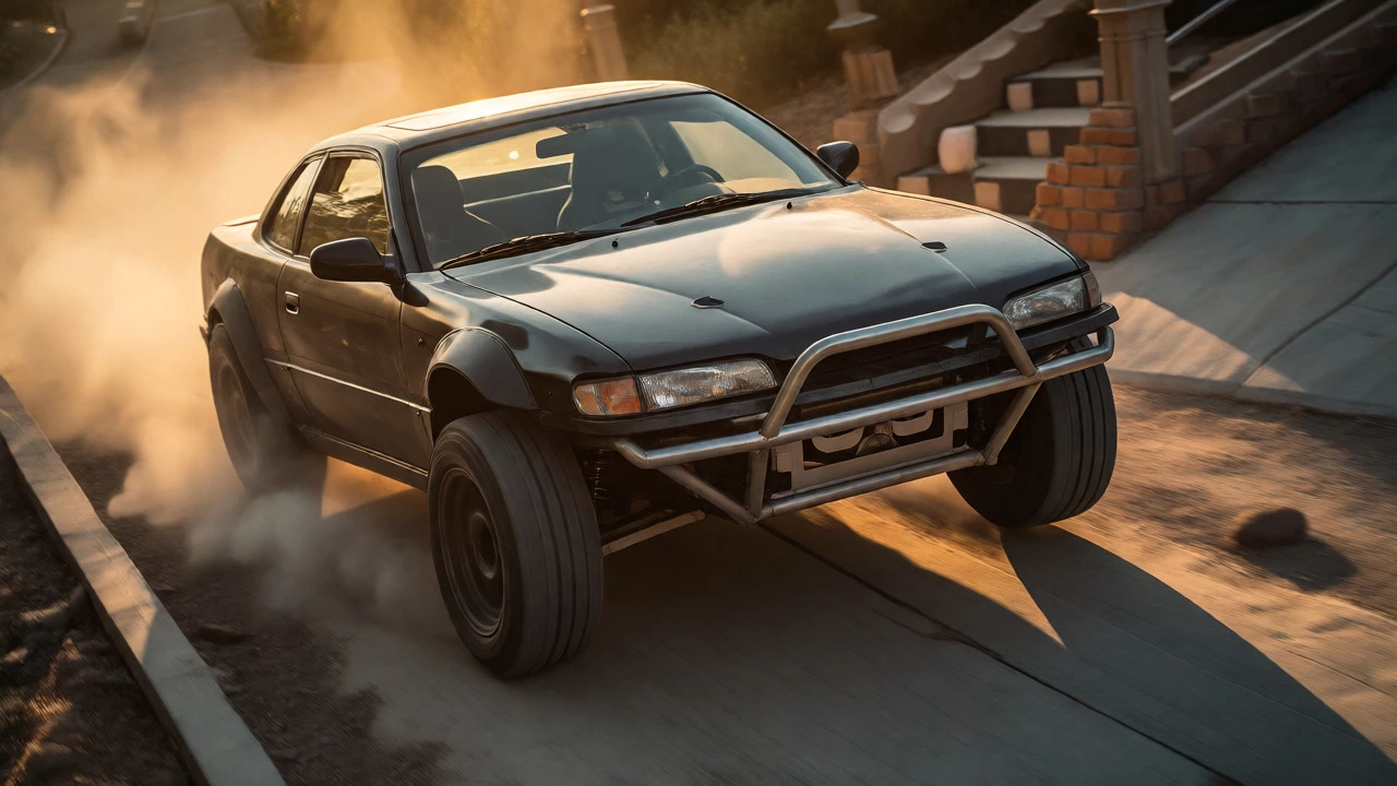 Modified car with bull bar stressing suspension off-road