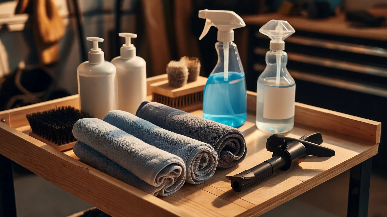 Organized collection of car detailing tools including microfiber towels and cleaners on a cart.
