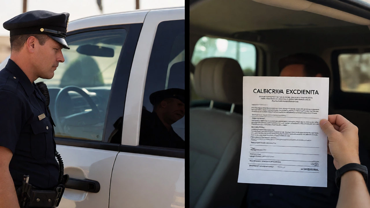 Police officer checking car tint while driver displays medical exemption
