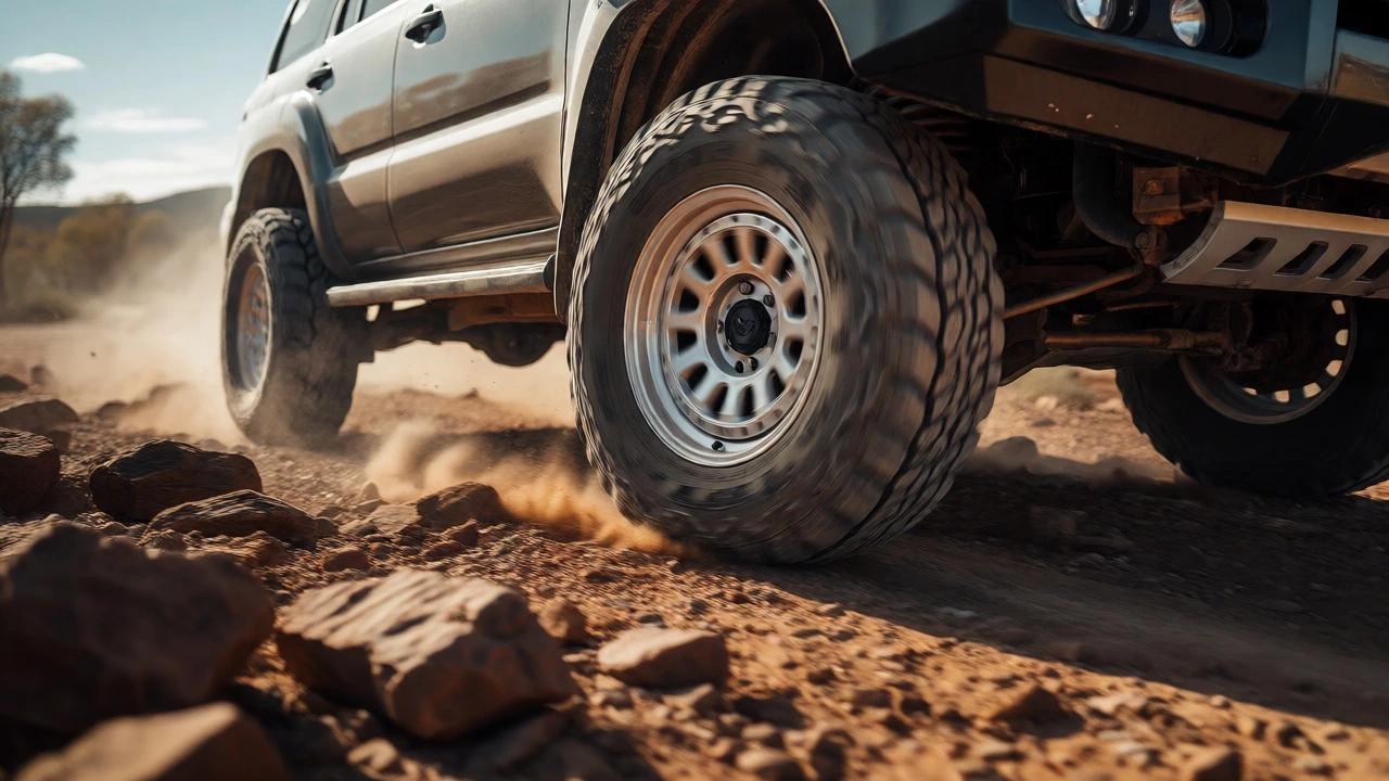 Rugged 4x4 SUV navigating rocky terrain with a widened stance from wheel spacers.