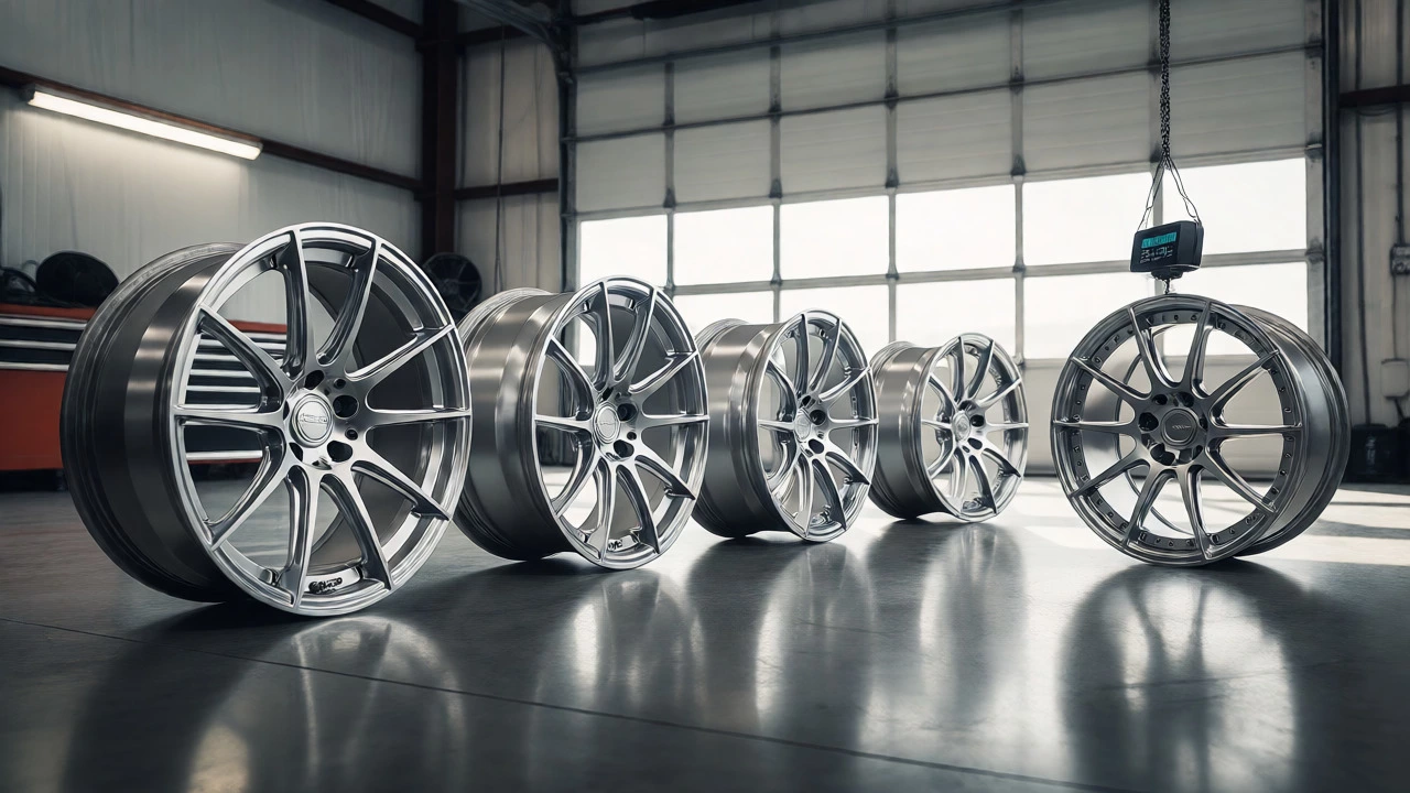 Set of clean luxury alloy wheels next to a weighing scale
