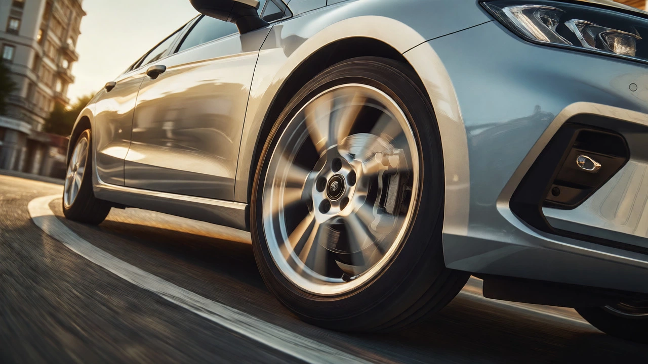 Silver car taking a sharp turn, highlighting the motion-blurred alloy wheel and suspension.