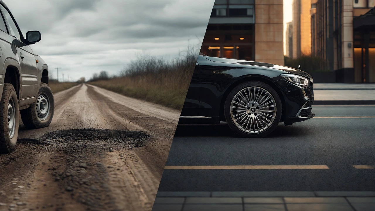 Split view comparing steel wheels on rough rural roads and alloys on smooth city streets