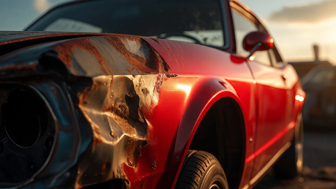 Split view of a car fender showing rusted damage versus a perfect repaint.