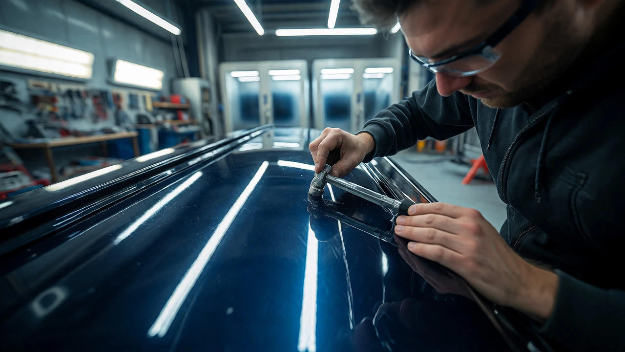 Technician performing paintless dent repair on a car door in a workshop.