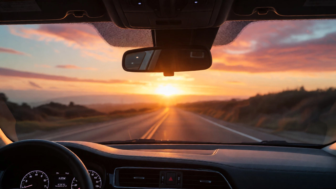 View from inside a car showing the four-inch windshield sun strip